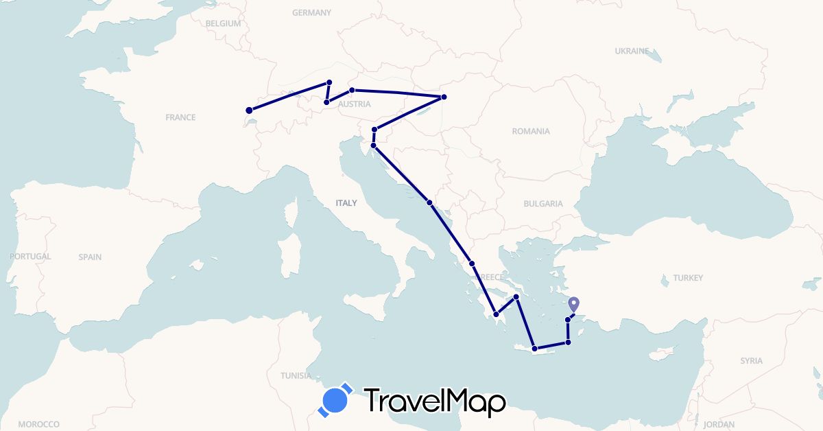 TravelMap itinerary: driving in Austria, Germany, France, Greece, Croatia, Hungary, Slovenia, Turkey (Asia, Europe)